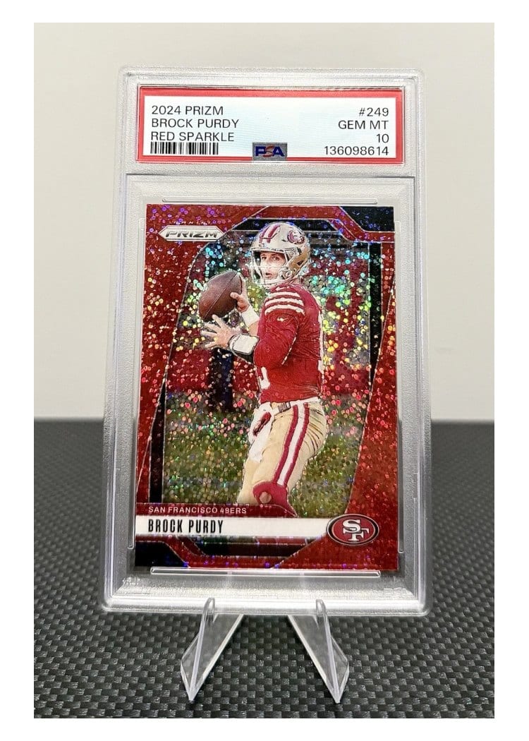 2024 Panini Prizm Base Set Brock Purdy Red Sparkle #249 card
