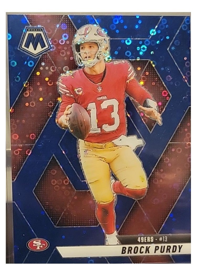 2025 Panini Mosaic Base Set Brock Purdy No Huddle Blue #221 card