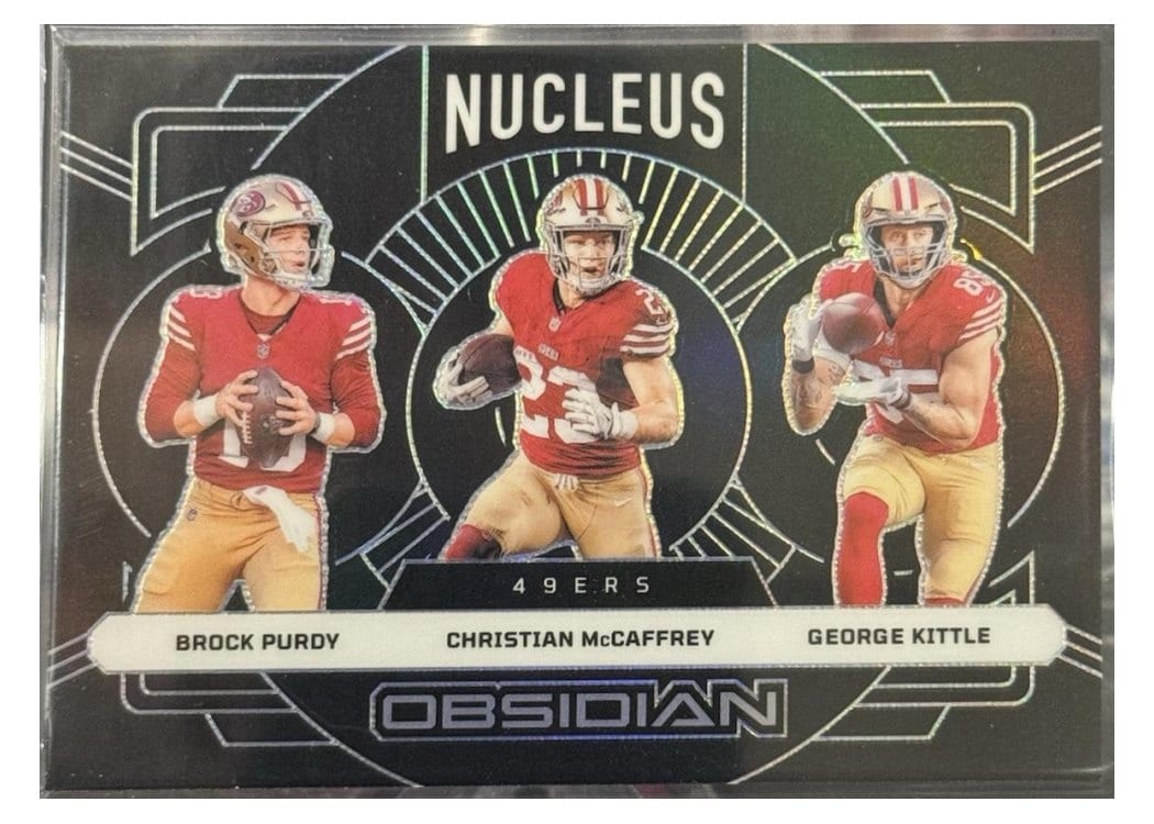 2024 Panini Obsidian Nucleus Brock Purdy/Christian McCaffrey/George Kittle #11 card