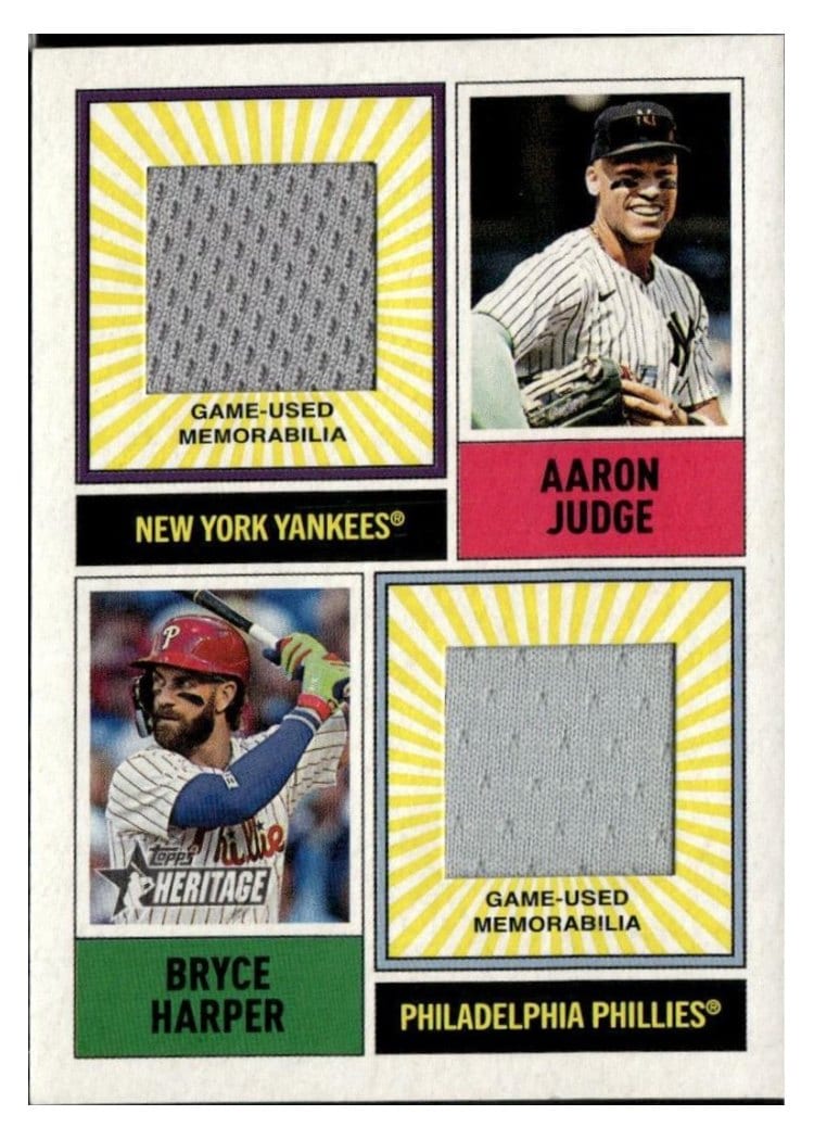 2025 Topps Heritage Dual Player MLB Collection Relics Bryce Harper / Aaron Judge #DPMCR-JH card