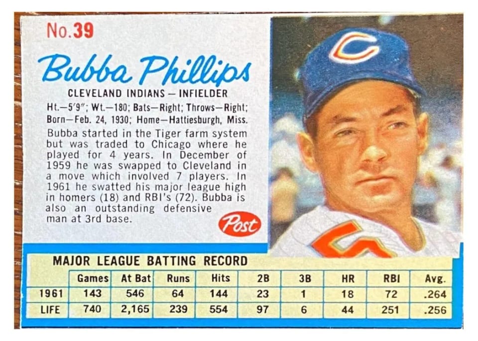 1962 Post Cereal Bubba Phillips #39 card