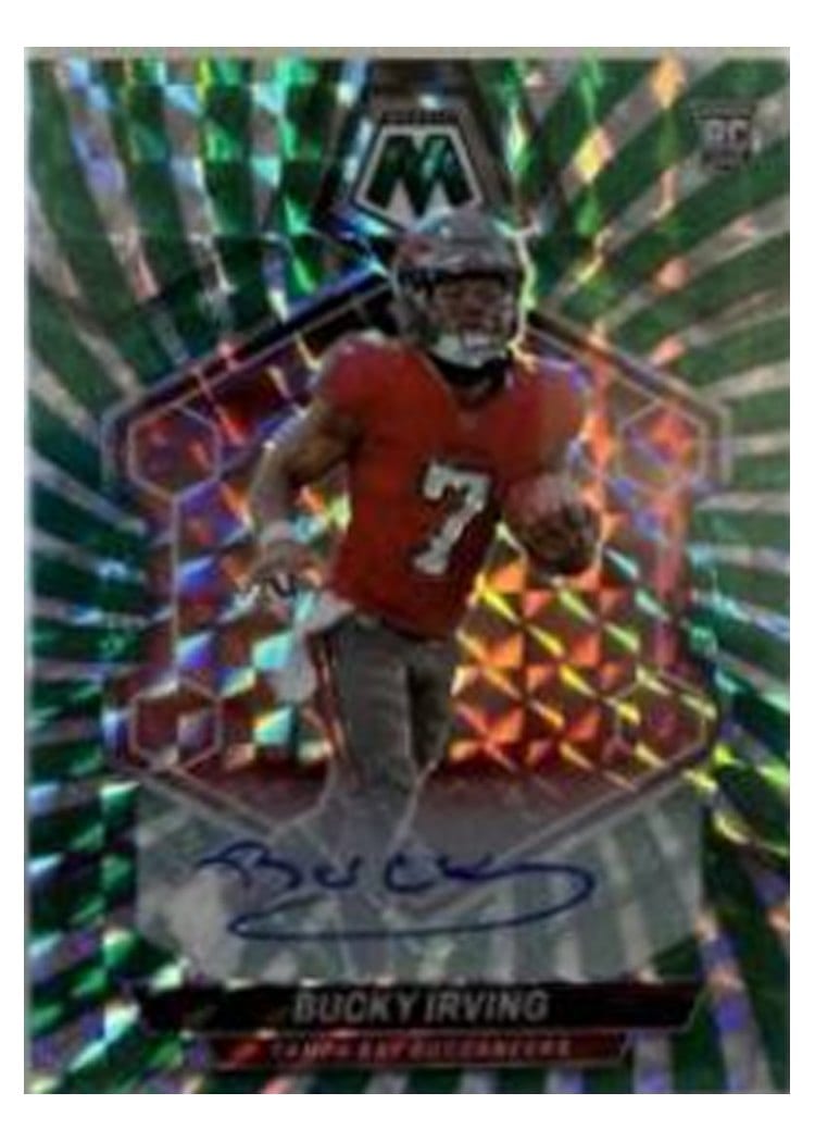 2024 Panini Mosaic Base Set Bucky Irving Autograph Green Swirl #385 card