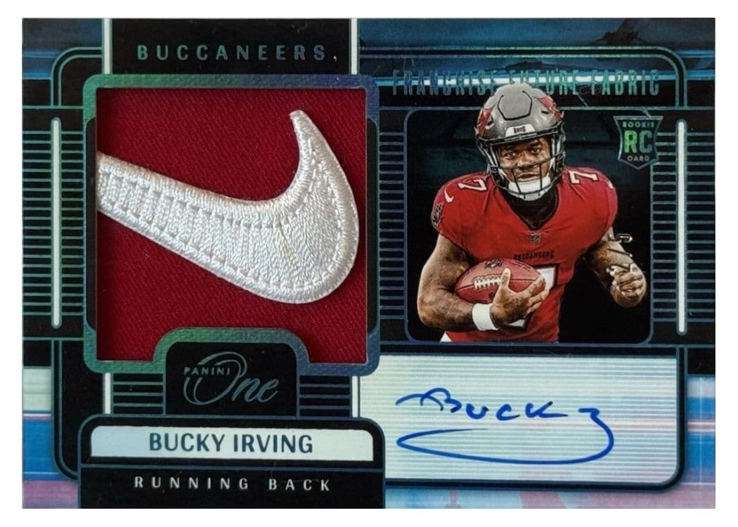 2024 Panini One Franchise Future Fabric Autographs Bucky Irving Platinum Franchise Future Fabric Autograph #89