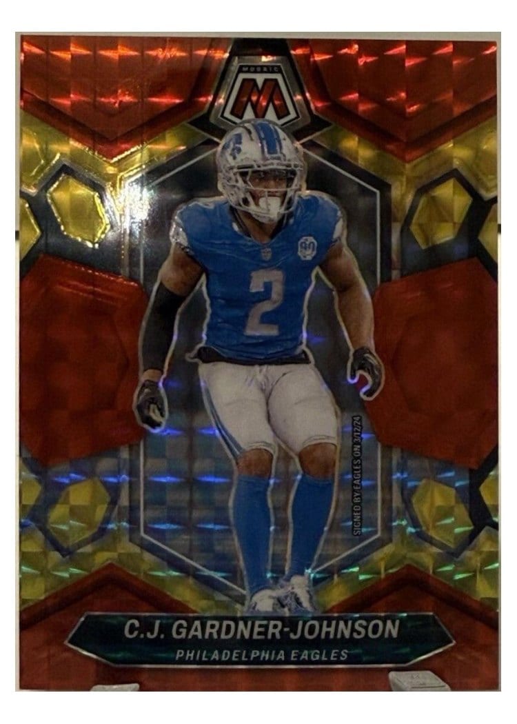 2024 Panini Mosaic Base Set C.J. Gardner-Johnson Fusion Red Yellow Choice #181 card