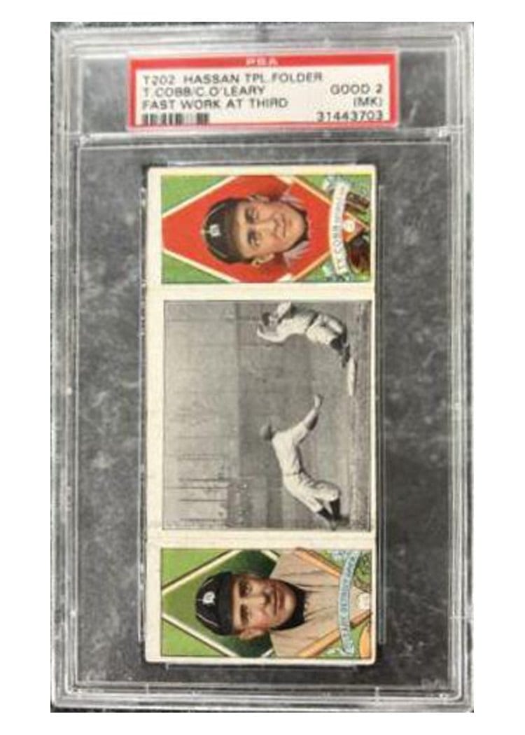 1912 T202 Hassan Triple Folder C. O'Leary, T. Cobb card