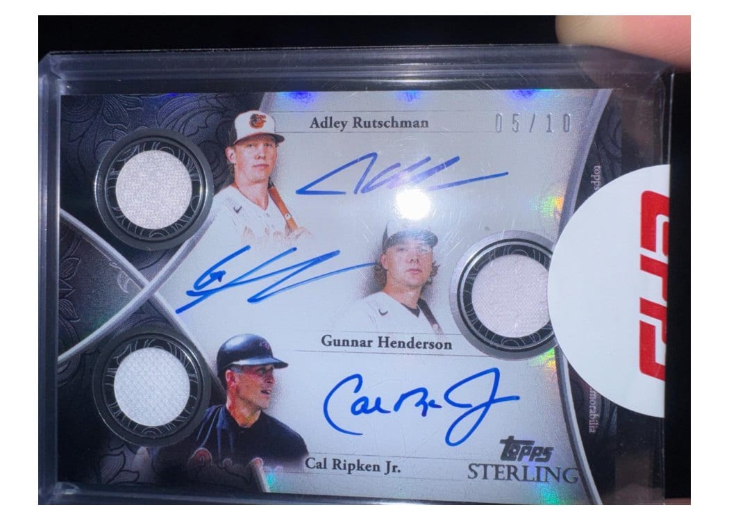 2024 Topps Sterling Sets Triple Autograph Relics Cal Ripken Jr. / Gunnar Henderson / Adley Rutschman #SSTAR-RHR card