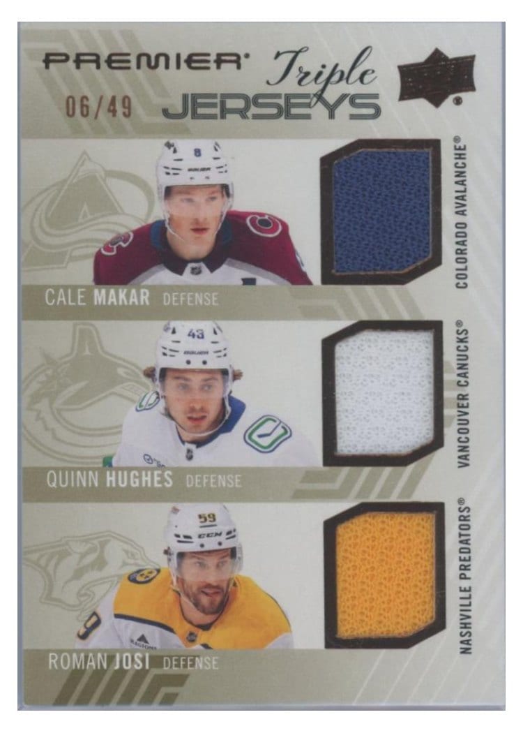 2024-25 Upper Deck Premier Premier Triple Jersey Cale Makar/Quinn Hughes/Roman Josi #PT-MHJ card