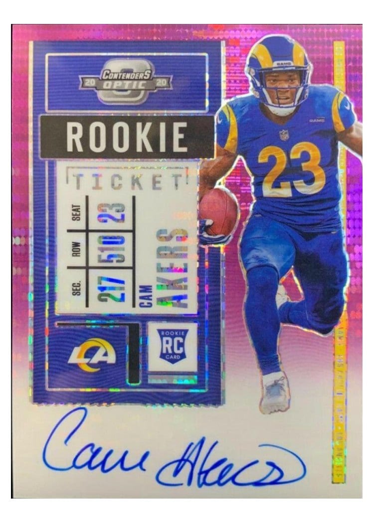 2020 Panini Contenders Optic Base Set Cam Akers Autograph Purple Pulsar #121 card