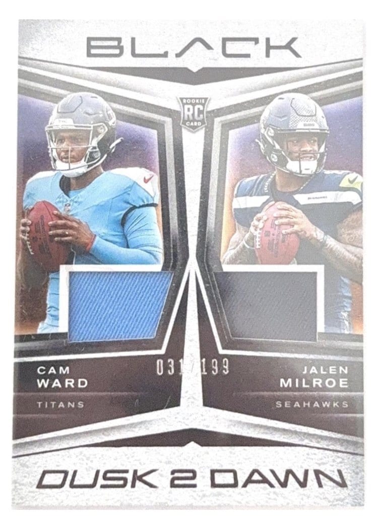 2025 Panini Black Dusk 2 Dawn Dual Relics Cam Ward/Jalen Milroe #5 card
