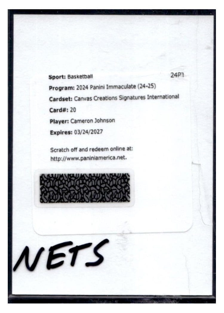 2024-25 Panini Immaculate Collection Canvas Creations Signatures International Set Cameron Johnson #20 card