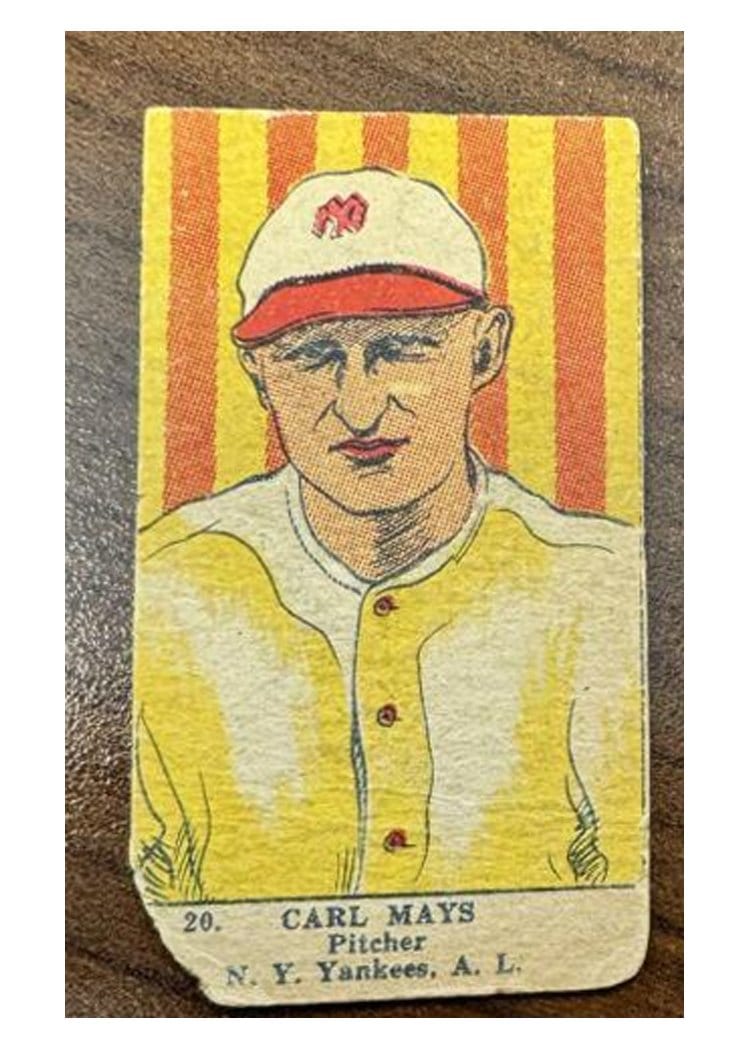 1923 W515 1 Carl Mays Hand Cut #20 card