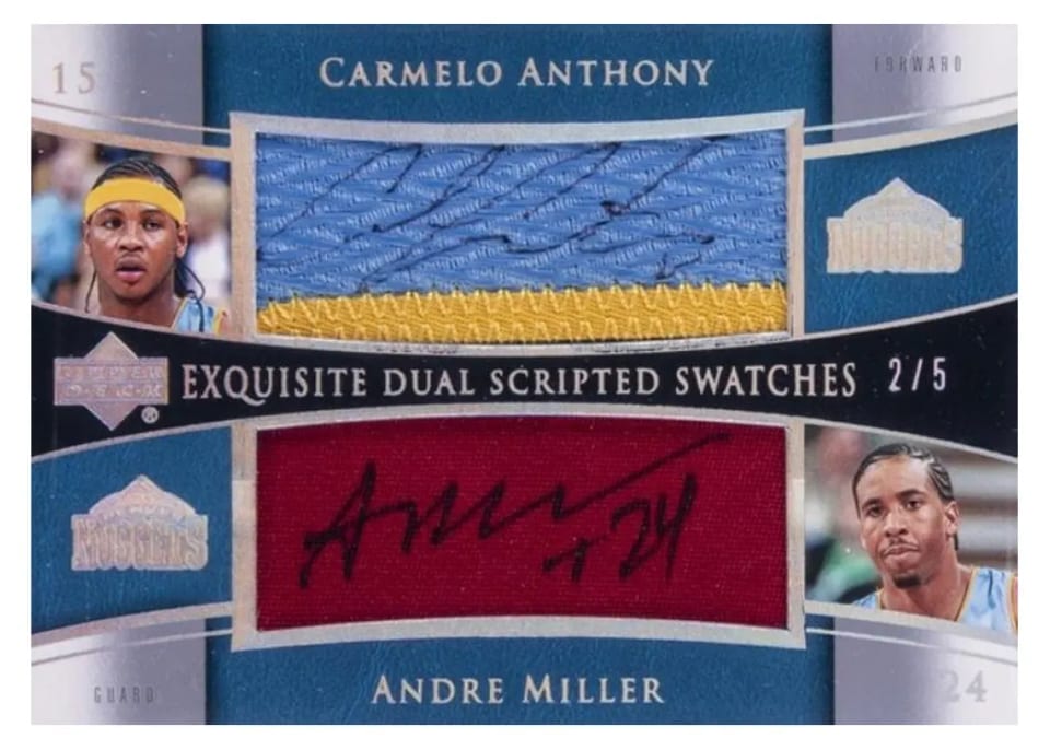 2004 Upper Deck Exquisite Collection Dual Scripted Swatch Carmelo Anthony / Andre Miller #SS2-CA card