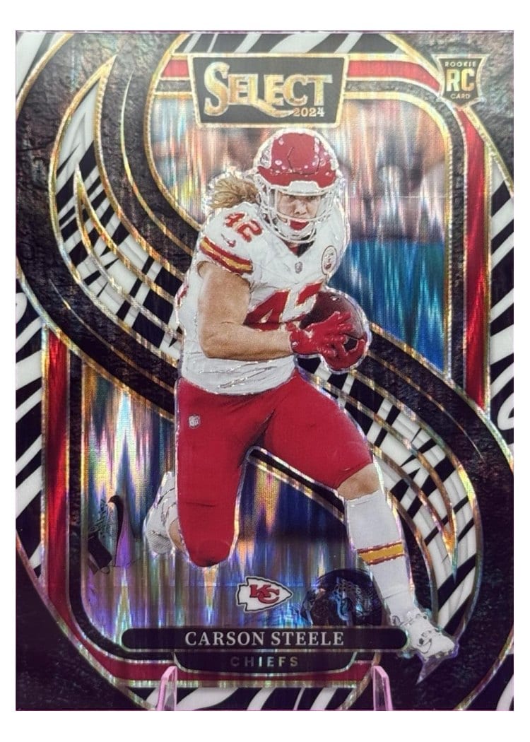2024 Panini Select Base Set Carson Steele Zebra Prizm Shock #142 card