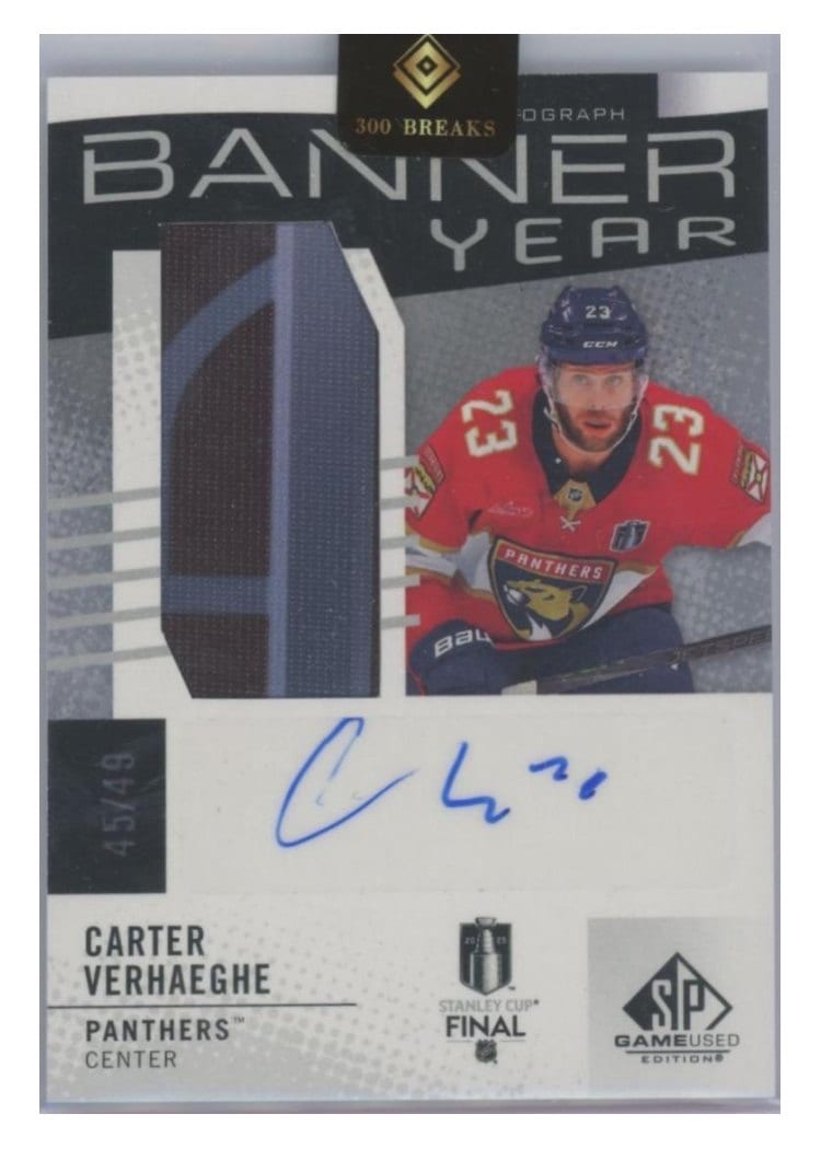 2025-26 SP Game Used 2025 Stanley Cup Finals Banner Year Autograph Relics Carter Verhaeghe #BYA-CV card