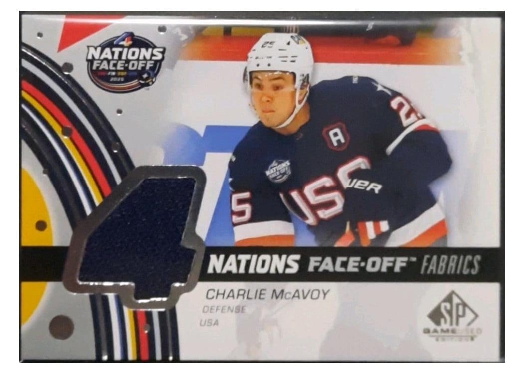 2025-26 SP Game Used 2025 4 Nations Face-Off Fabrics Charlie McAvoy #4N-CM card
