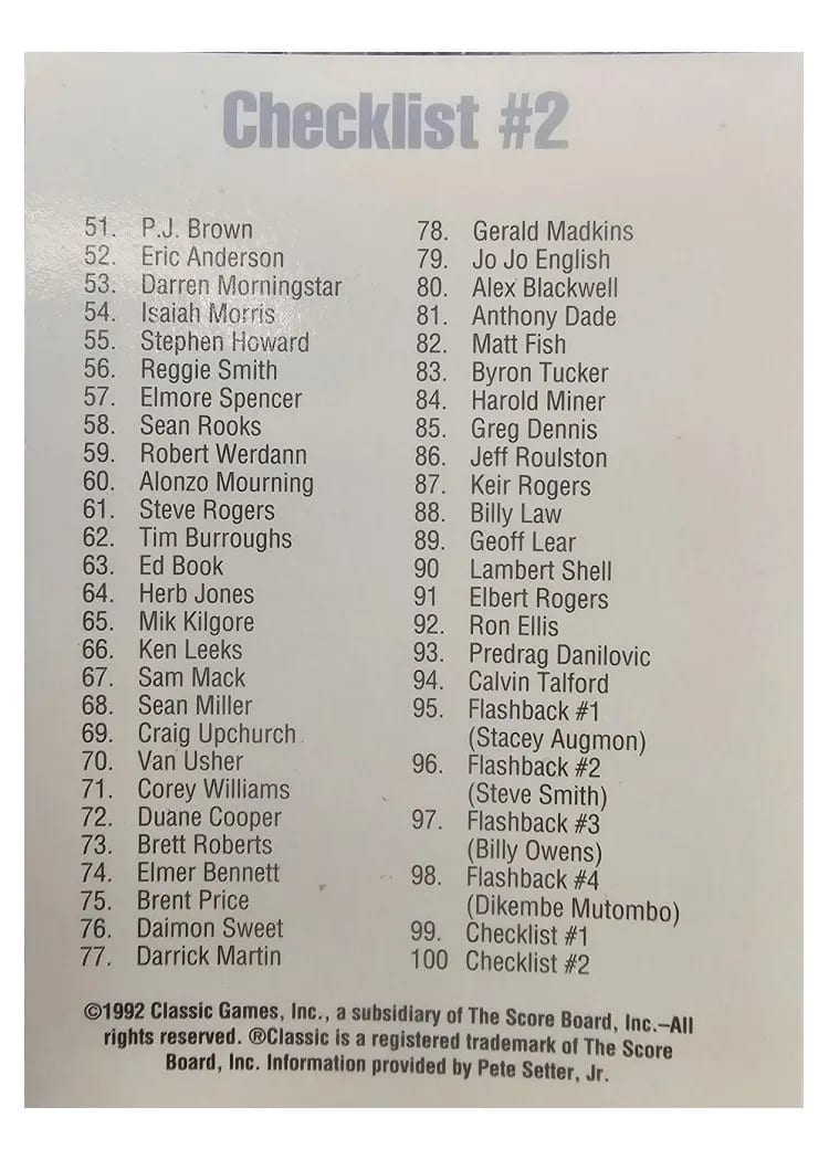 1992 Classic Draft Picks Checklist #2 card