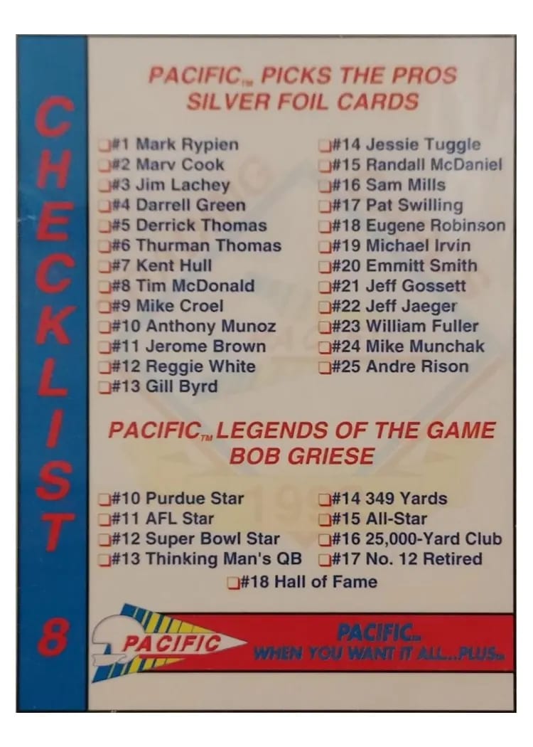 1992 Pacific CHECKLIST #8 card