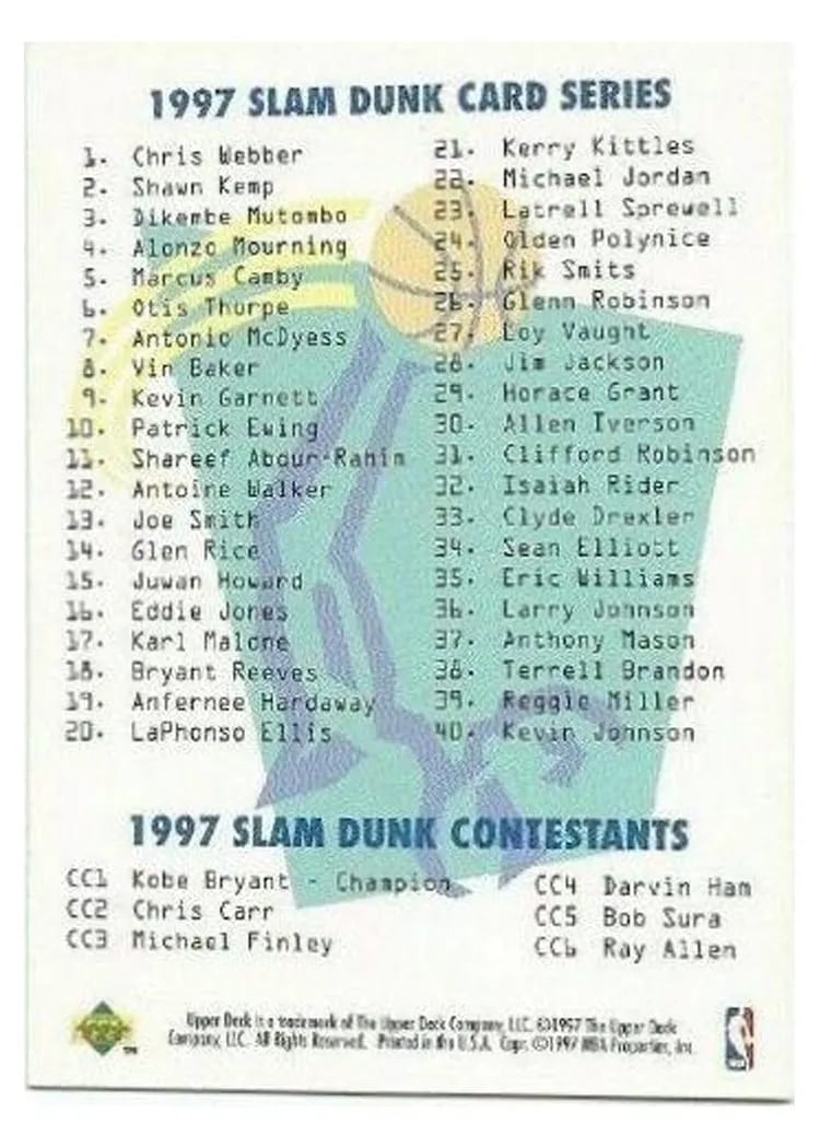 1997 Upper Deck Slam Dunk Checklist card