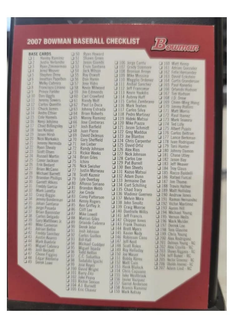2007 Bowman Checklist card
