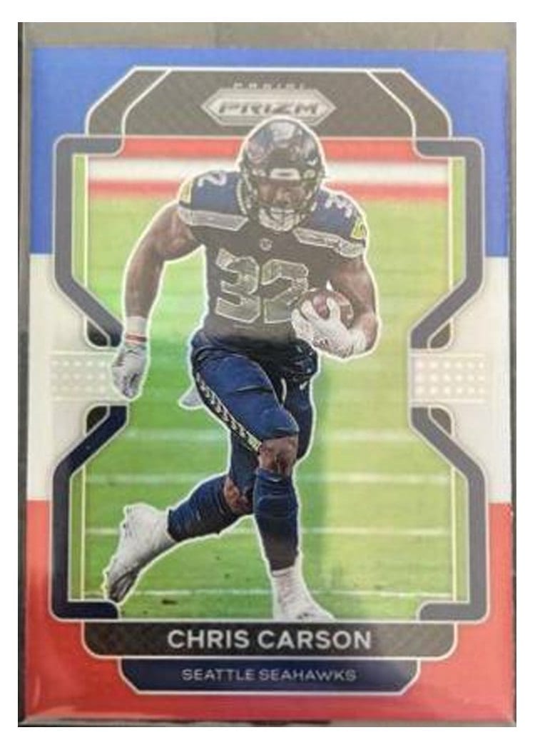 2021 Panini Prizm Base Set Chris Carson Red White and Blue Prizm #46 card
