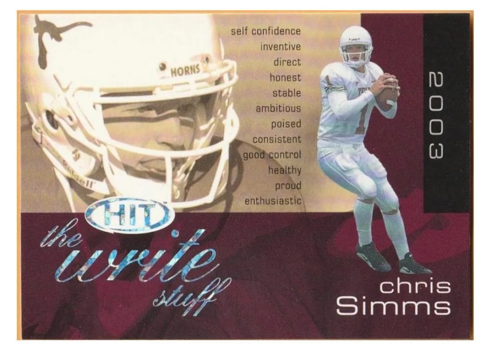 2003 Sage Hit Write Stuff Chris Simms #10 card