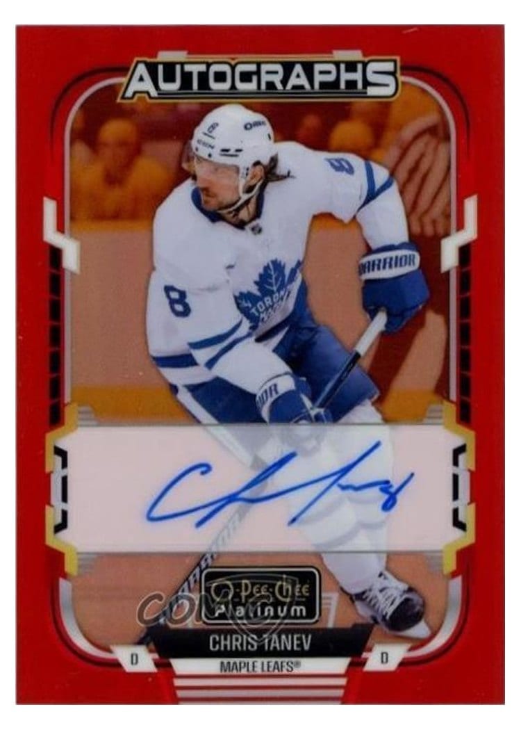 2025-26 O-Pee-Chee Platinum Red Rainbow Autos Chris Tanev #RA-CT card