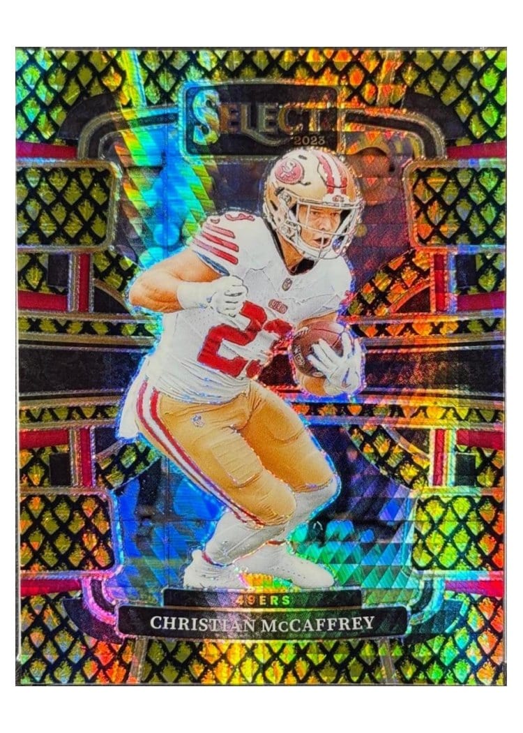 2023 Panini Select Base Set Christian McCaffrey Dragon Scale Gold Prizm #88 card
