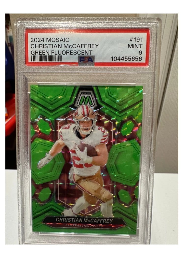 2024 Panini Mosaic Base Set Christian McCaffrey Green Fluorescent #191 card