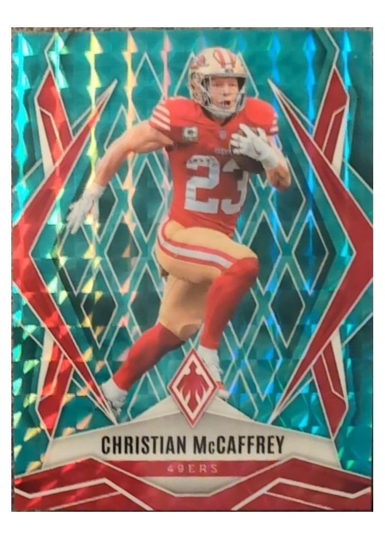 2025 Panini Phoenix Base Set Christian McCaffrey Teal Pyramids #34 card