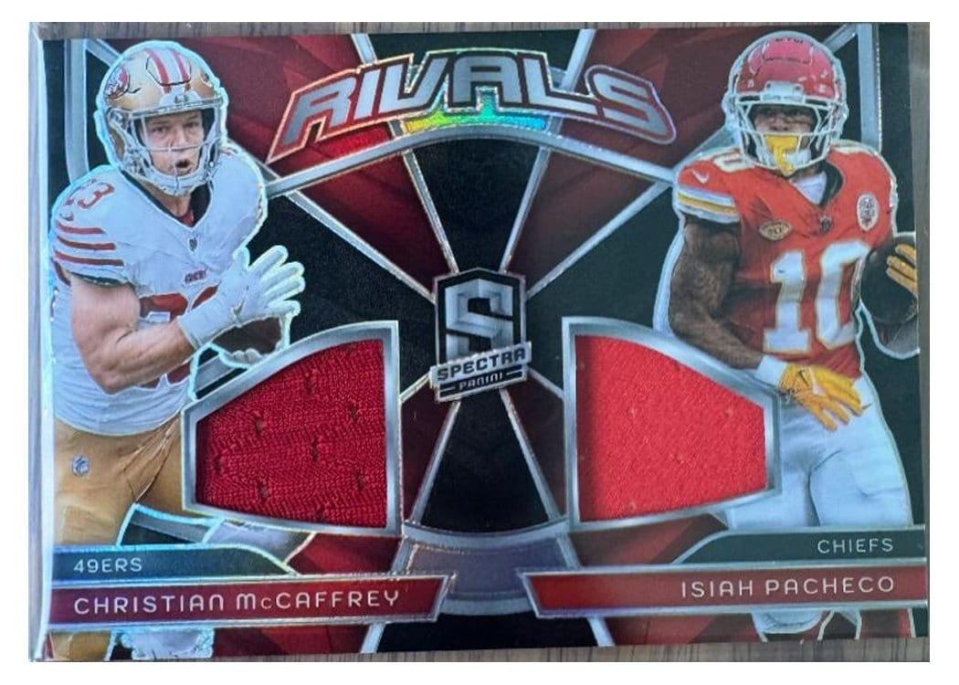 2024 Panini Spectra Rivals Relics Christian McCaffrey / Isiah Pacheco #RVL-CMIP card