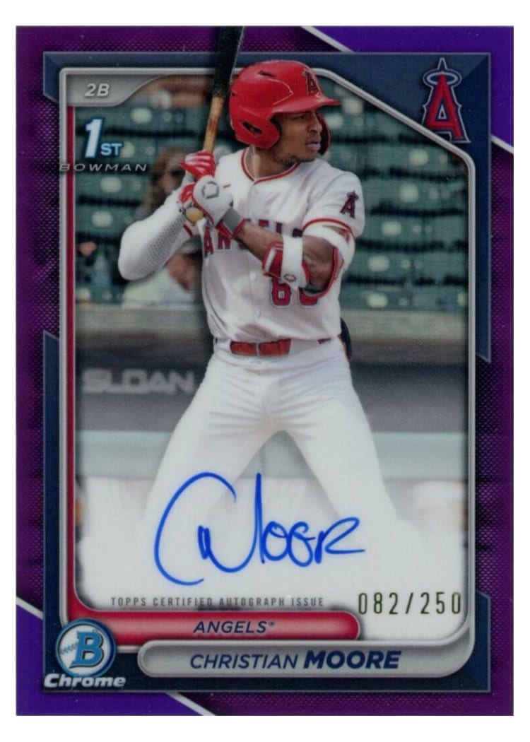 2024 Bowman Draft Chrome Prospect Autographs Christian Moore Purple Refractor #CPA-CM card