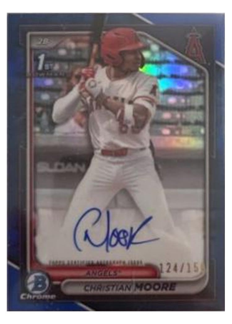 2024 Bowman Draft Chrome Prospect Autographs Christian Moore Blue Refractor #CPA-CM card