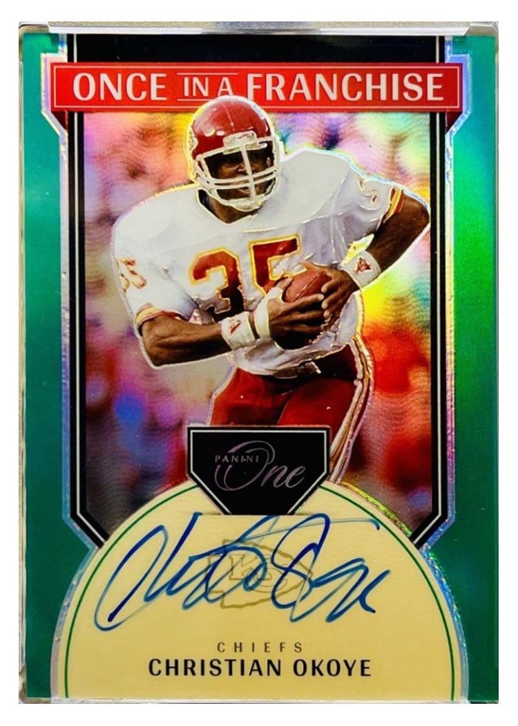 2024 Panini One Once in a Franchise Autographs Christian Okoye Green Once in a Franchise Autograph #354 card