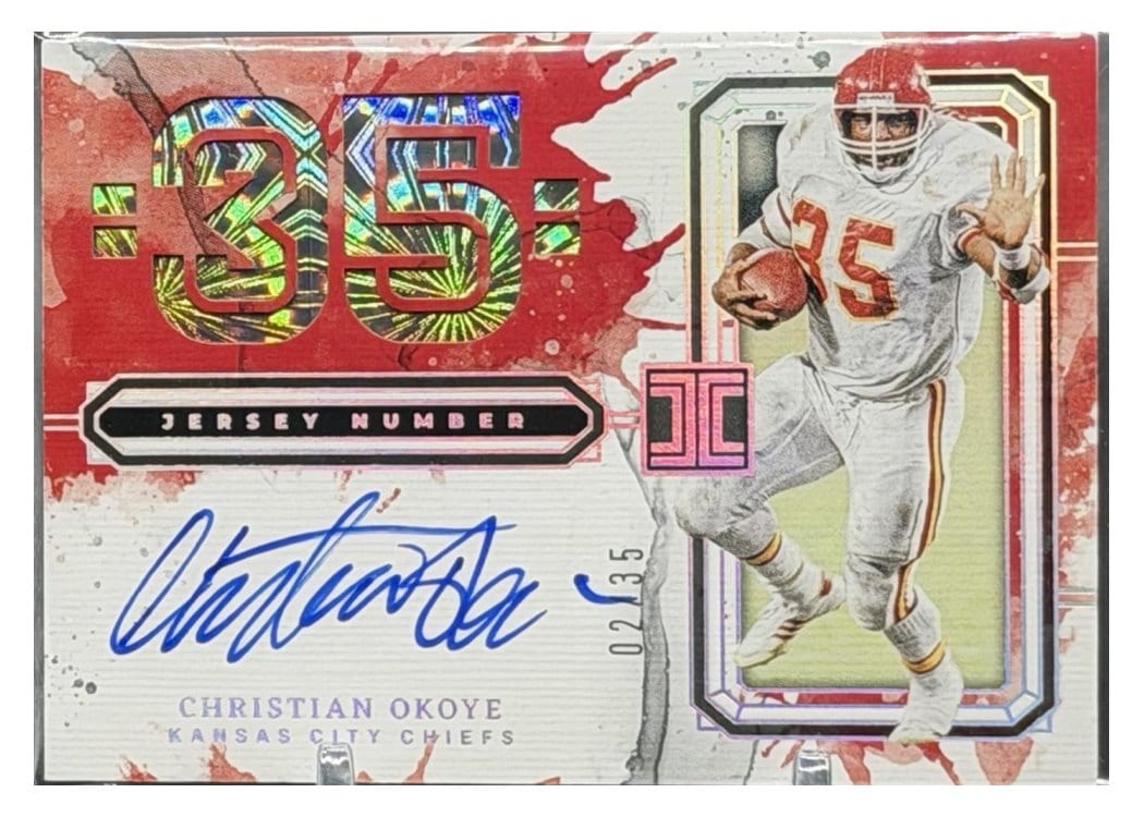 2025 Panini Impeccable Impeccable Jersey Number Autographs Christian Okoye #9 card