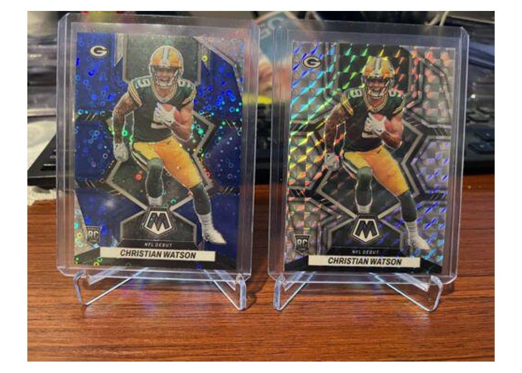 2022 Panini Mosaic Base Set Christian Watson No Huddle Blue #281 card