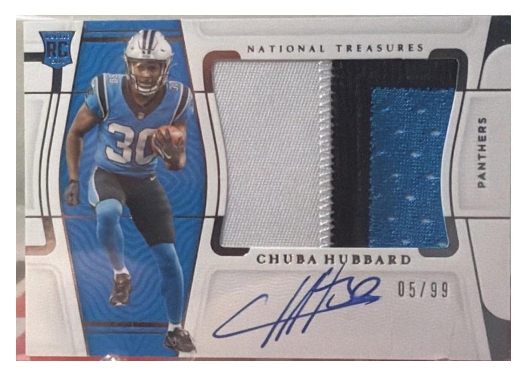 2021 Panini National Treasures Rookie Material Signatures RPS Chuba Hubbard #RMS-CH card