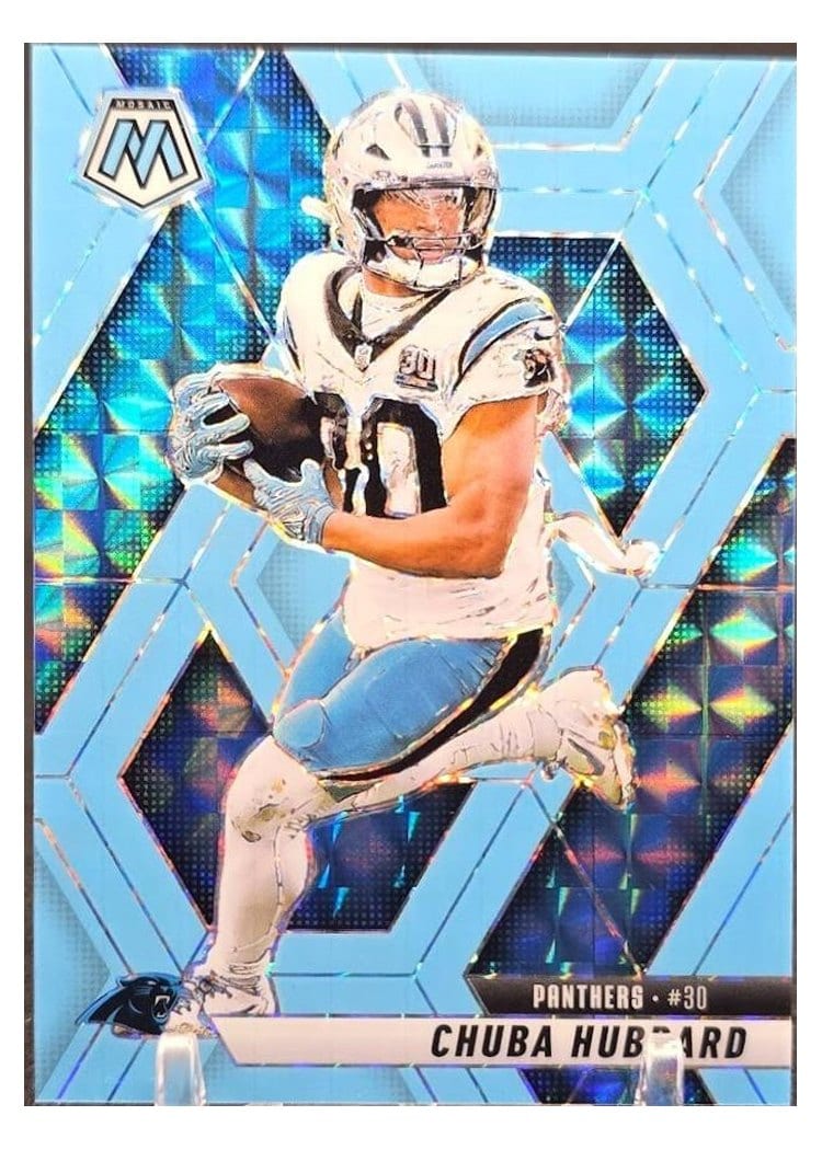 2025 Panini Mosaic Base Set Chuba Hubbard Blue Fluorescent #193 card