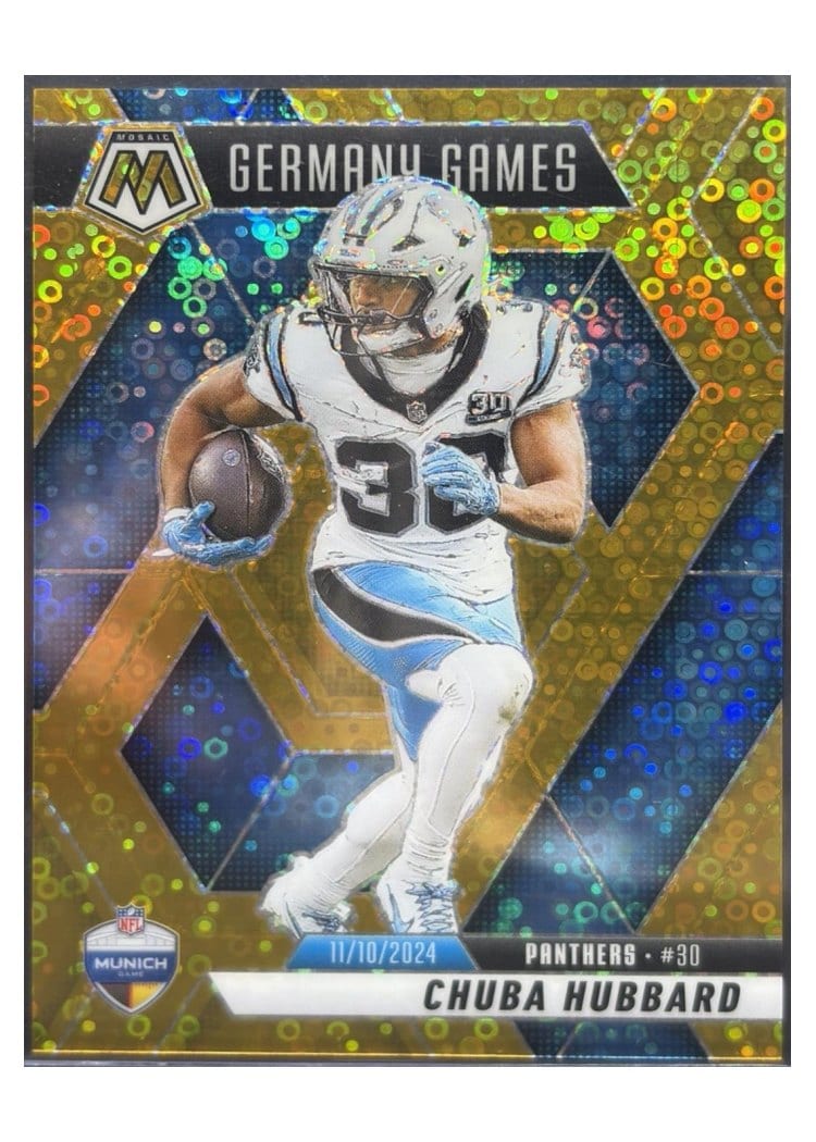 2025 Panini Mosaic Base Set Chuba Hubbard Gold Sparkle #260 card