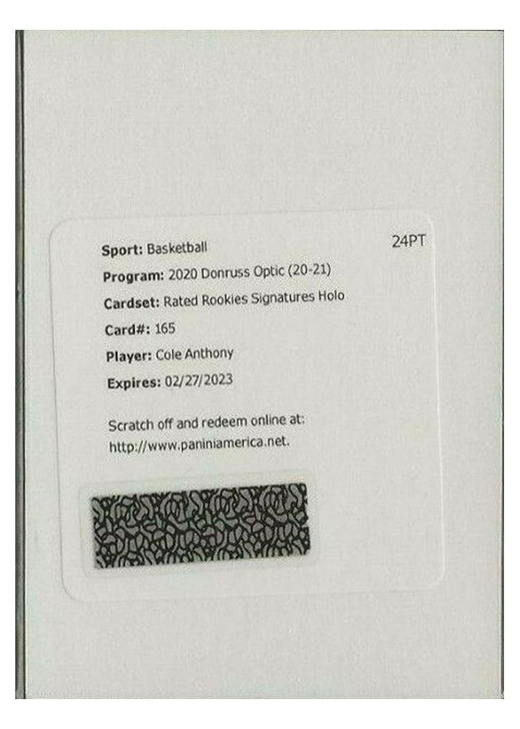 2020-21 Donruss Optic Base Set Cole Anthony #165 card