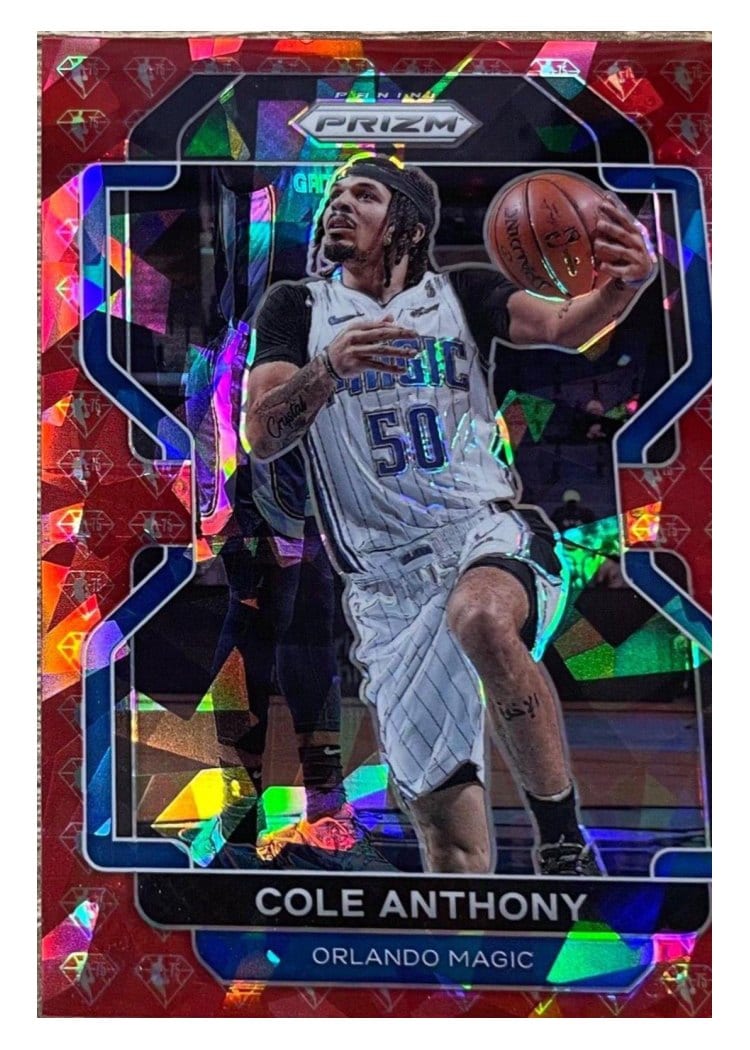 2021-22 Panini Prizm Base Set Cole Anthony 75th Anniversary Red Diamond Prizm #121 card