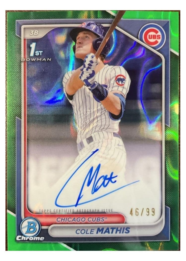 2024 Bowman Draft Chrome Prospect Autographs Cole Mathis Green Lava Refractor #CPA-CMS card
