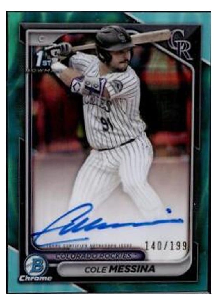 2024 Bowman Draft Chrome Prospect Autographs Cole Messina Aqua Lava Refractor #CPA-CME card