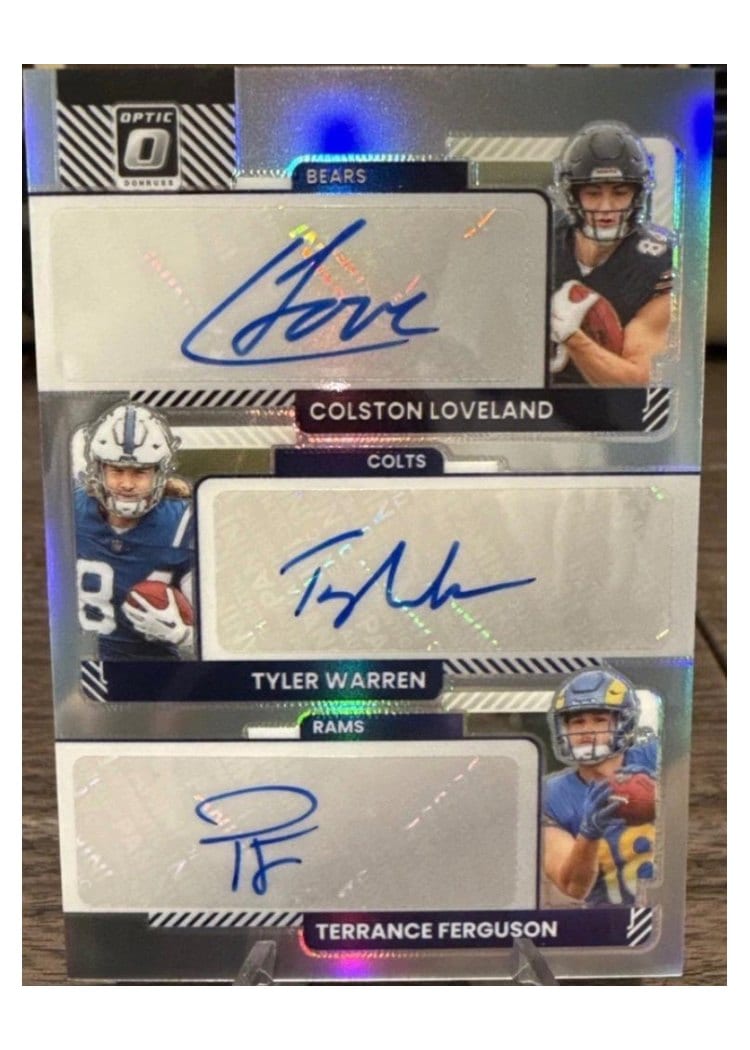 2025 Donruss Optic Rookie Triple Autographs Colston Loveland/Terrance Ferguson/Tyler Warren #1 card