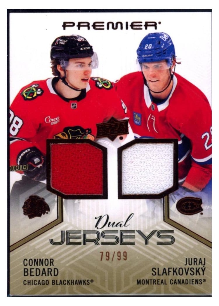 2024-25 Upper Deck Premier Premier Dual Jersey Connor Bedard/Juraj Slafkovsky #PD-BS card