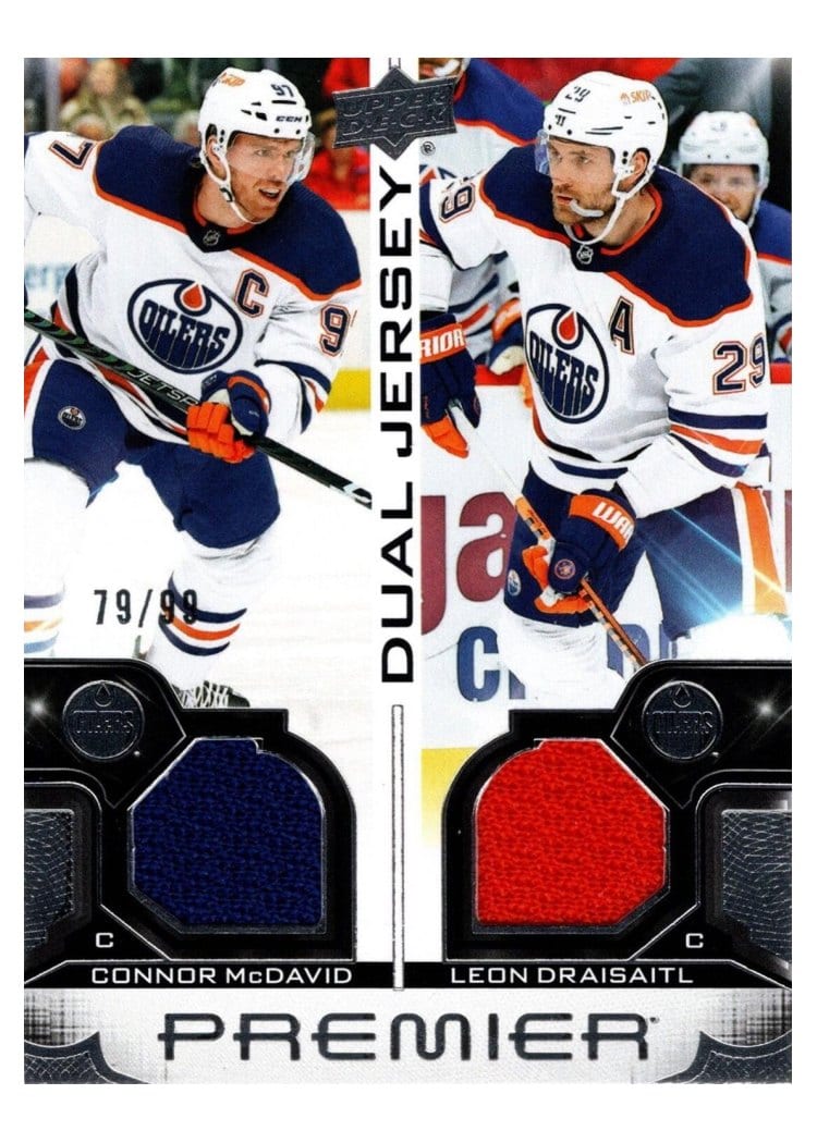 2023-24 Upper Deck Premier Premier Dual Jerseys Connor McDavid/Leon Draisaitl #PD-CMLD card