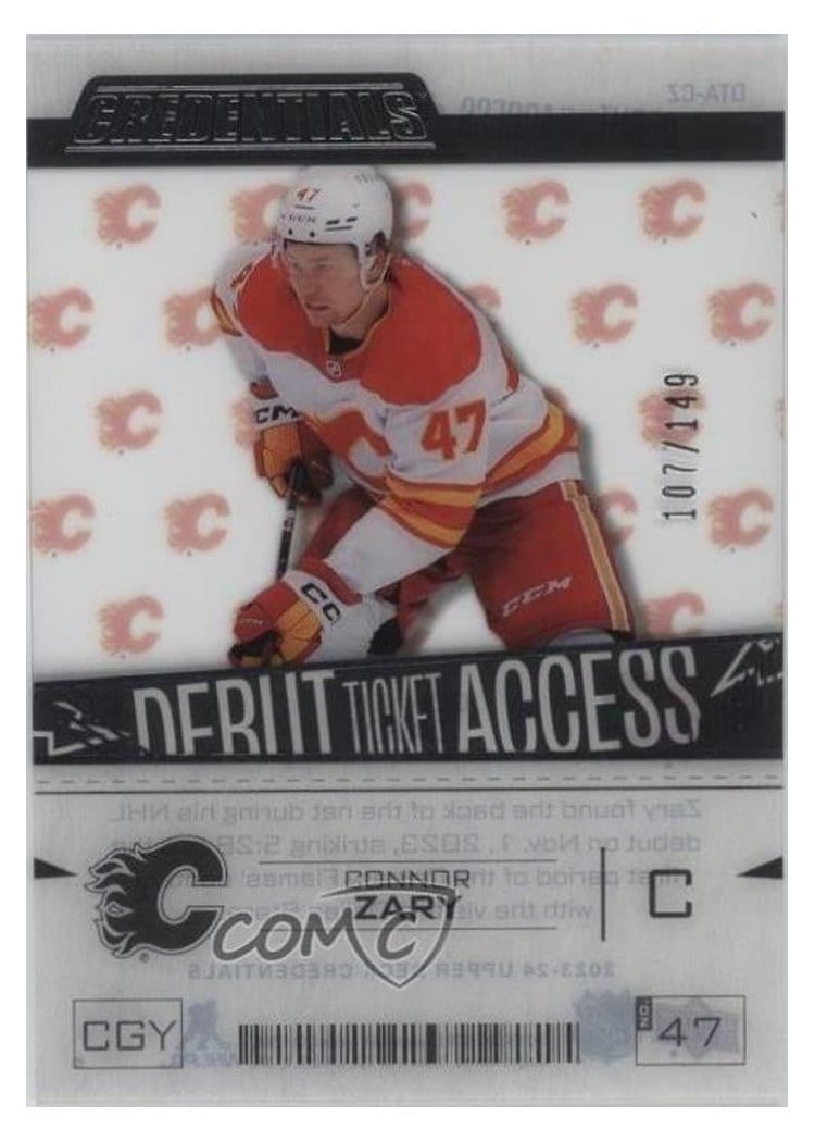 2023-24 Upper Deck Credentials Acetate Debut Ticket Access Connor Zary #DTA-CZ card