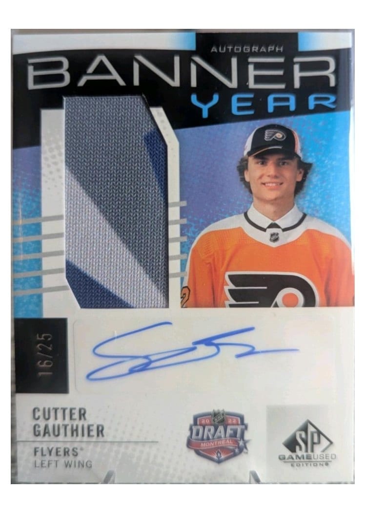 2025-26 SP Game Used 2022 NHL Draft Banner Year Autograph Relics Cutter Gauthier #BYA-CG card