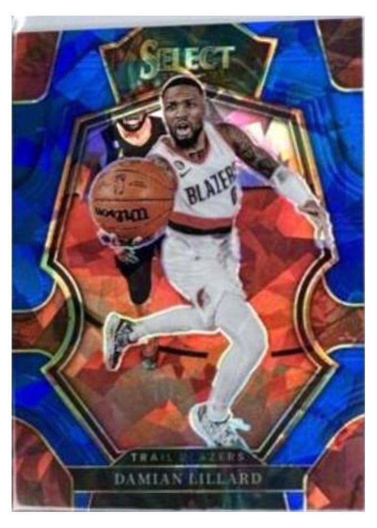 2022-23 Panini Select Base Set Damian Lillard Blue Cracked Ice Prizm #107 card