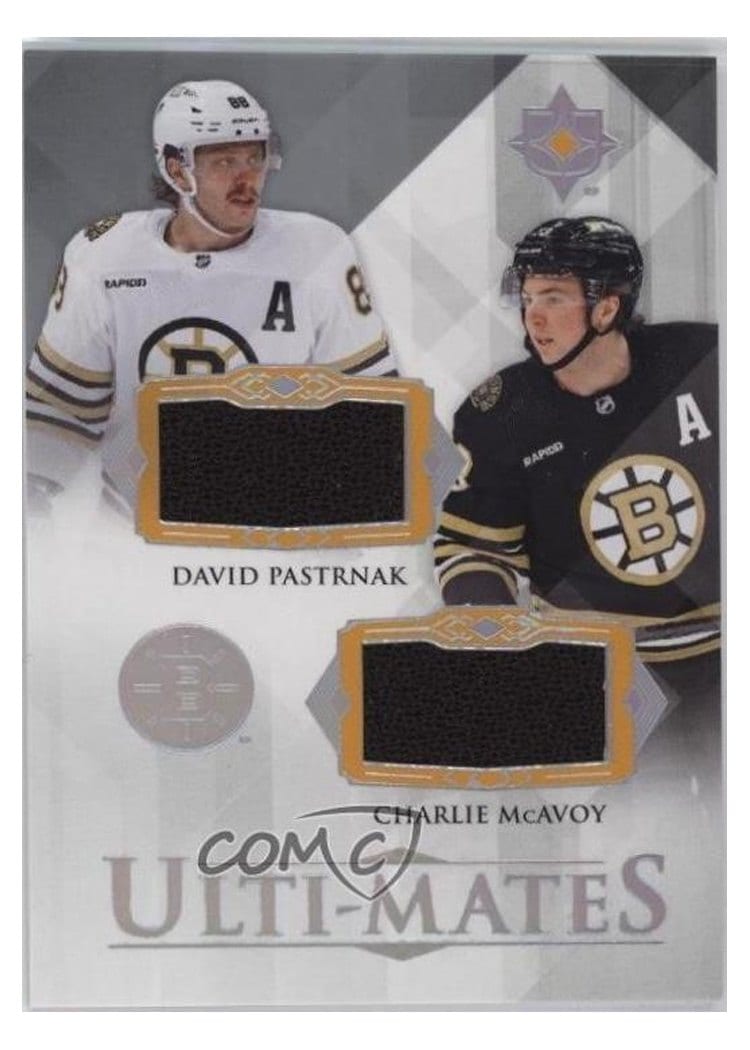2023-24 Upper Deck Ultimate Collection Ulti-Mates Dual Jersey David Pastrnak/Charlie McAvoy #UTM-PM card