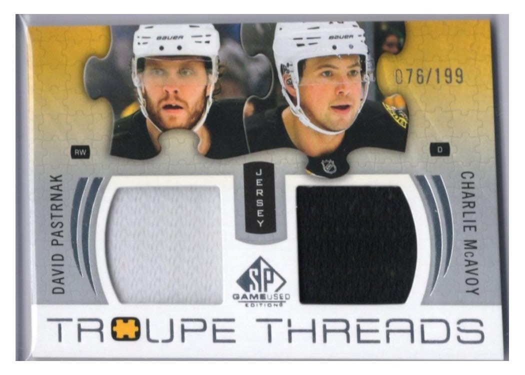 2025-26 SP Game Used Troupe Threads David Pastrnak/Charlie McAvoy #TT-MP card